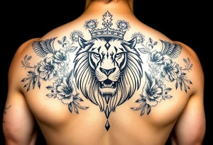 powerful majestic lion with a crown, surrounded by floral ornaments and birds tattoo idea