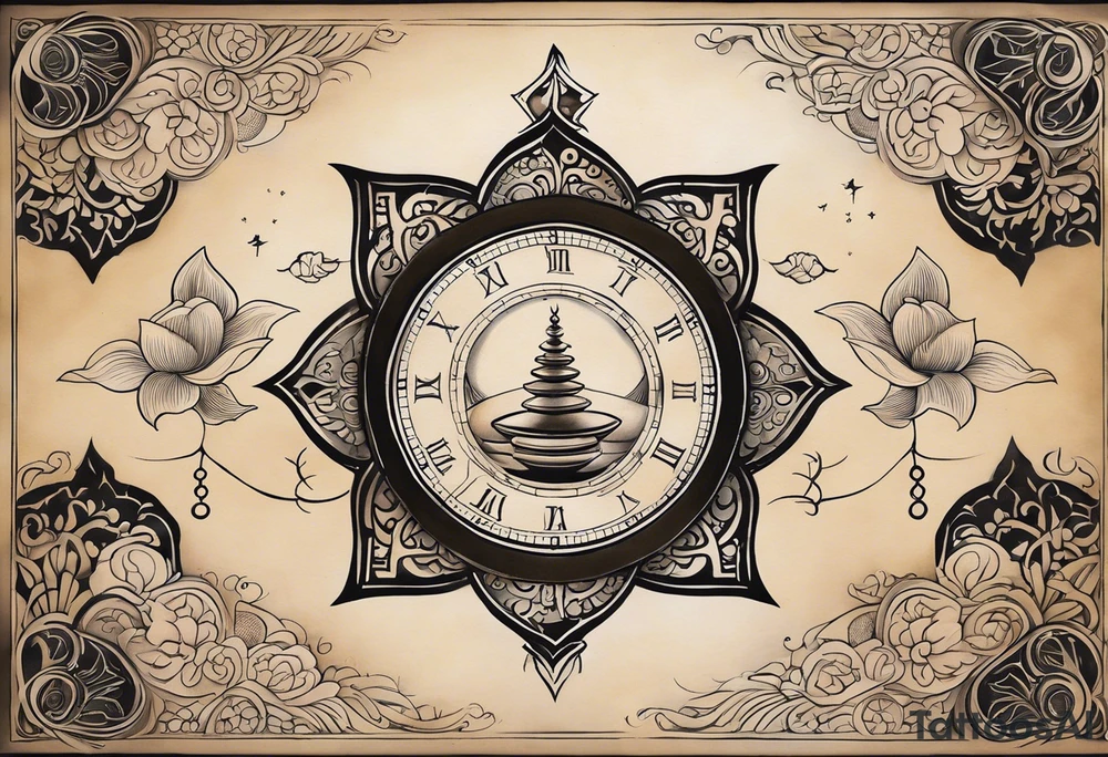 Tattoo Design Instructions:

Central Hourglass: Place in the middle; dark sand at the top, light sand flowing down.
Lotus Flower: Grow from the base of the hourglass, symbolizing growth from hardship.
Family Scene: On one side, depict two boys holding hands, looking up at a larger protective mother figure.
Betrayal Symbolism: Add a broken chain near the hourglass's bottom; a rising phoenix beside it.
Pathway of Growth: A path with stepping stones leading upwards; include a koi fish, crane, and yin-yang symbols.
Asian Elements: Scatter cherry blossoms, waves, and wind patterns; add Kanji for key values like "loyalty" and "strength."
Color and Style: Use black and grey with hints of pink, white, and orange.
Placement: Best as a sleeve or back piece for full detail and flow. tattoo idea