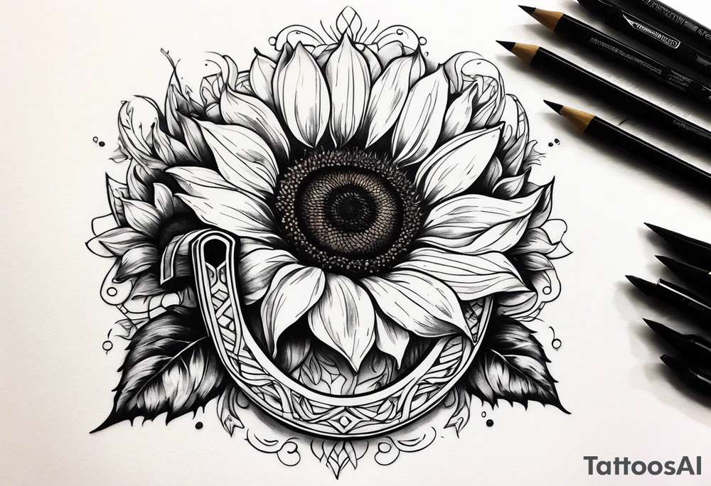 Realistic Horseshoe around a sunflower tattoo idea