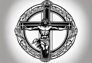 Crucified man inside a circle of Roman numerals tattoo idea