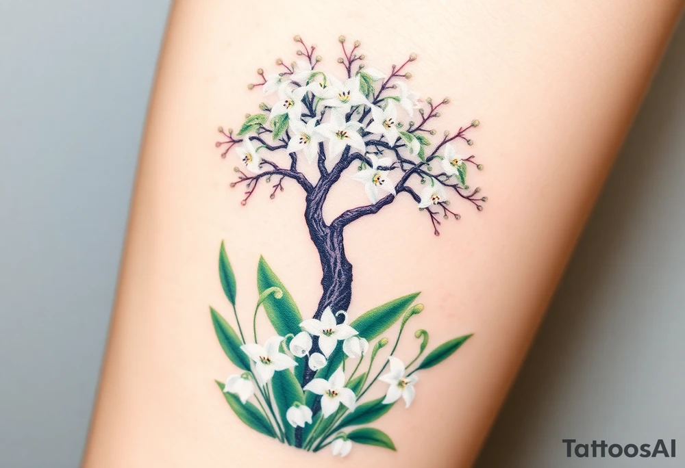 White flowering Lilly of the vally bell plants on the ground underneath a majestic blooming hawthorn tree tattoo idea