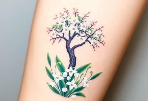White flowering Lilly of the vally bell plants on the ground underneath a majestic blooming hawthorn tree tattoo idea