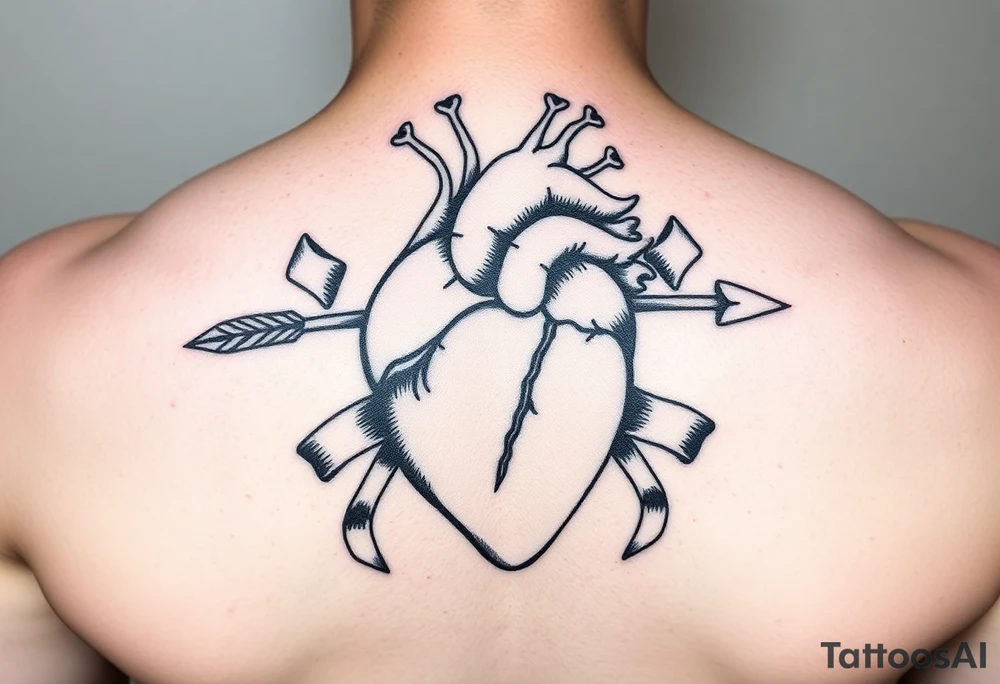 anatomical heart pierced by ornate arrow with flowing ribbons tattoo idea