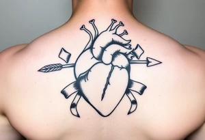 anatomical heart pierced by ornate arrow with flowing ribbons tattoo idea