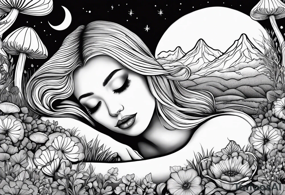 Straight blonde hair girl in black and white striped dress sleeping in a field of mushrooms with mountains s
and crescent moon mandala background tattoo idea