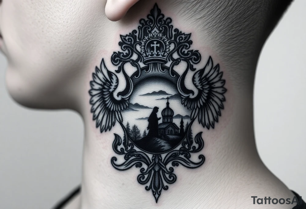 Traditional authentic Russian coat of arms with a Christian orthodox virgin marry in the middle and silhouette in a Russian wilderness Christian orthodoxy dome church village setting on the side of my neck tattoo idea