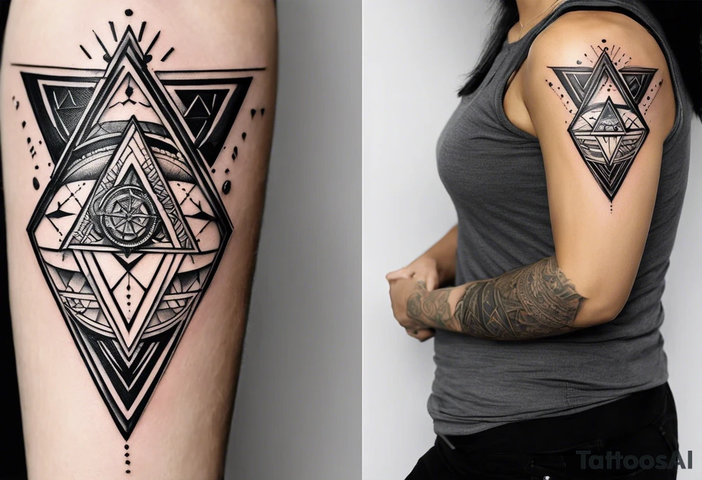 Fine line tattoo in the left forearm on the bottom side. The tattoo will have three shapes placed in a triangle formation. The top shape will be a geometric heart that symbolizes health. The bottom left will have a compass rose as a symbol for purpose. The bottom right will have three circles placed in a triangle formation to symbolize family. Tattoo should be minimalist with just the shapes filled in and no ornaments tattoo idea