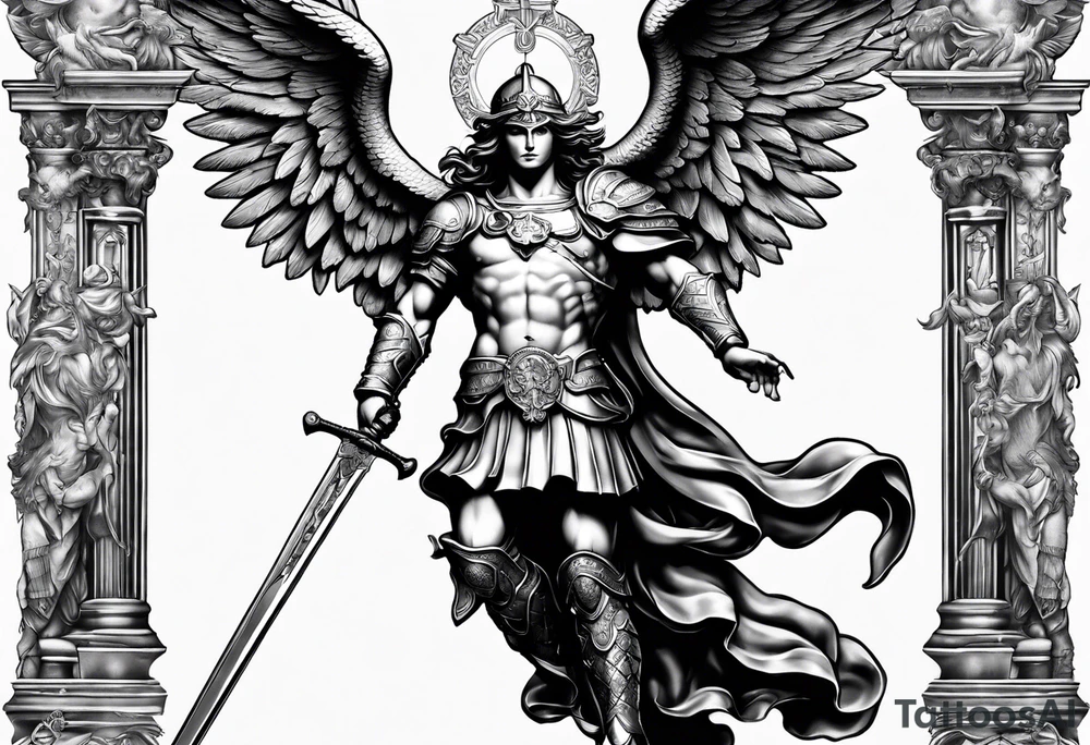 full body saint michael holding a sword slaying a demon tattoo idea