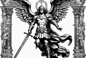 full body saint michael holding a sword slaying a demon tattoo idea