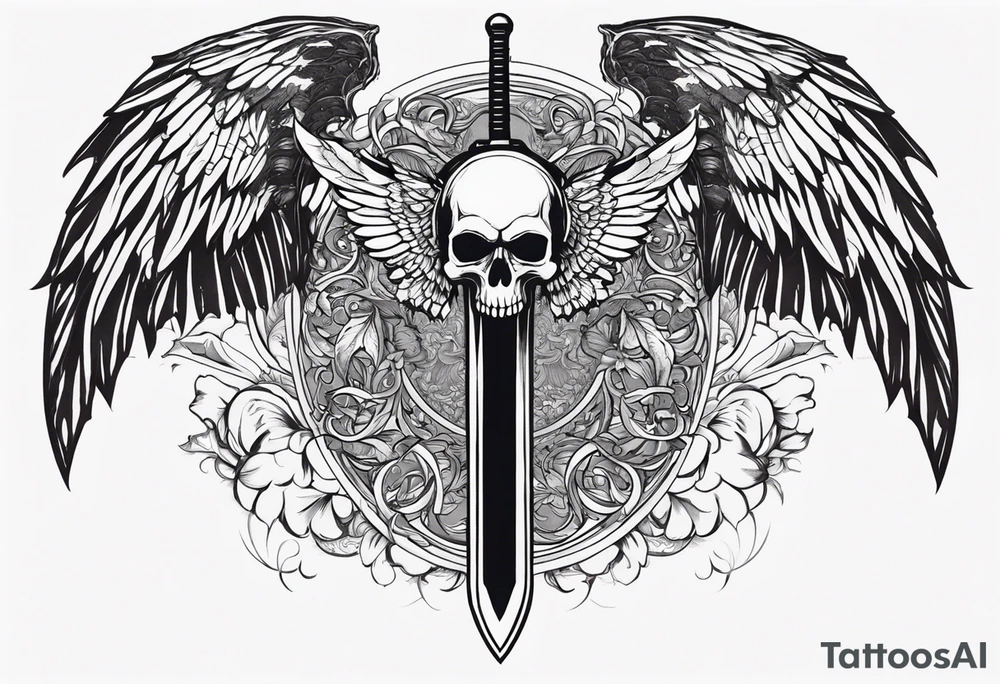 In the center is a half skull pierced by a large sword. On either side of the skull, there are spread angel wings, Beneath the skull is a ribbon with latvian symbols that weaves through both the skull and the sword tattoo idea