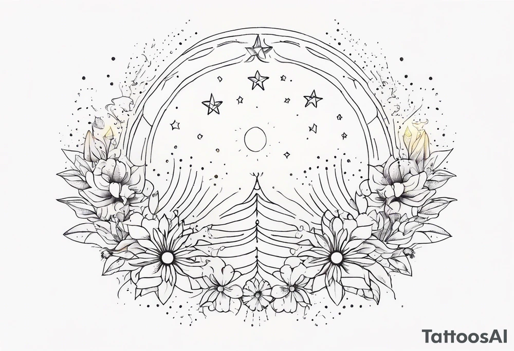 fine line with sun, stars, floral, dots. Sternum tattoo tattoo idea