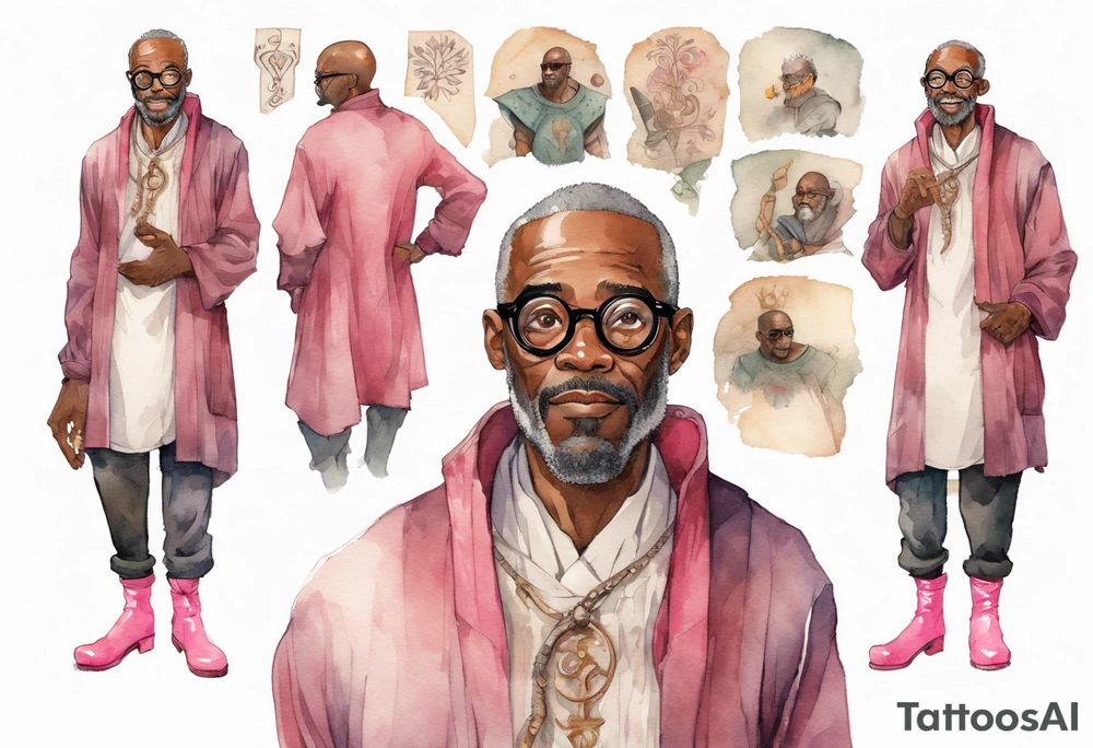 a middle-aged medieval black man wearing round glasses, wearing tunic, wearing pink boots tattoo idea