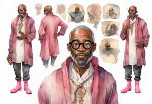 a middle-aged medieval black man wearing round glasses, wearing tunic, wearing pink boots tattoo idea