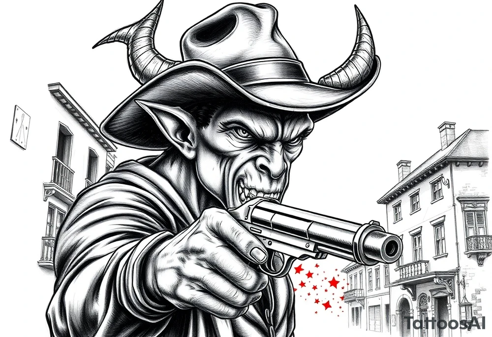 a demon with cowboy-hat ,a gun in a hand, old buildings in the background. tattoo idea