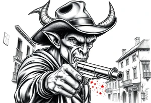 a demon with cowboy-hat ,a gun in a hand, old buildings in the background. tattoo idea