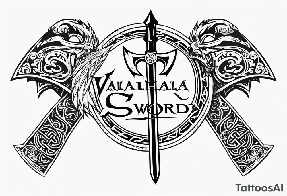 Valhalla sword shield dragon axe viking church tattoo idea