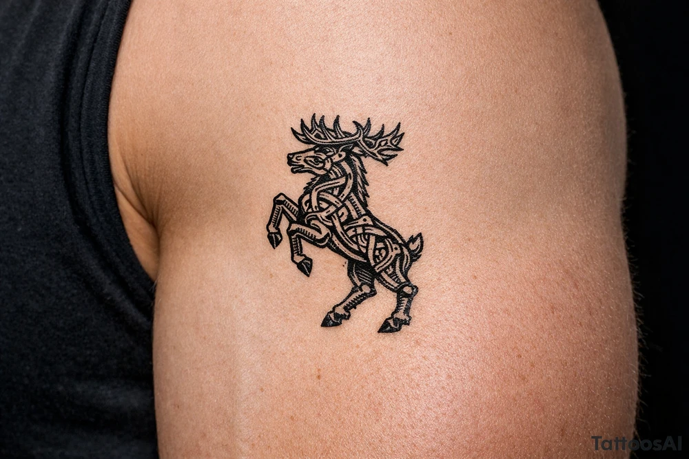 Caribou in Norse knot work open line concept mammen style stipple shading with animal on rear legs just animal no base or background tattoo idea