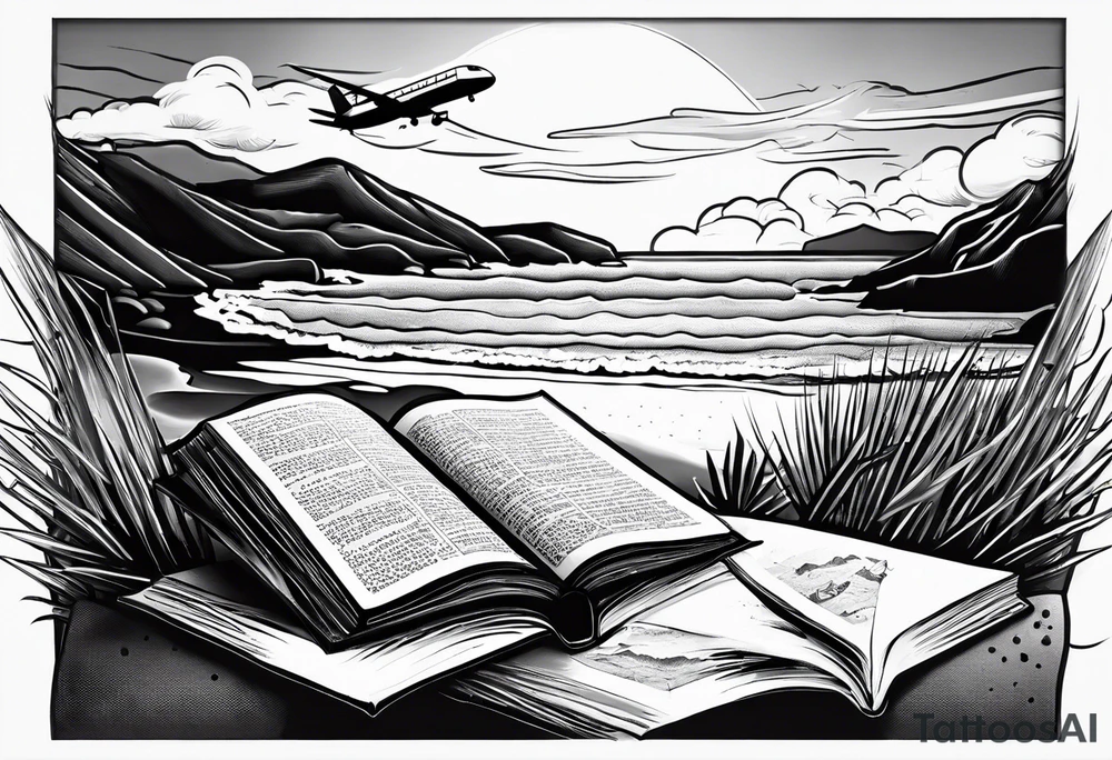 Beach with hills behind, a rugby ball, wine bottle and book on the beach, a plane in the sky and a campervan tattoo idea