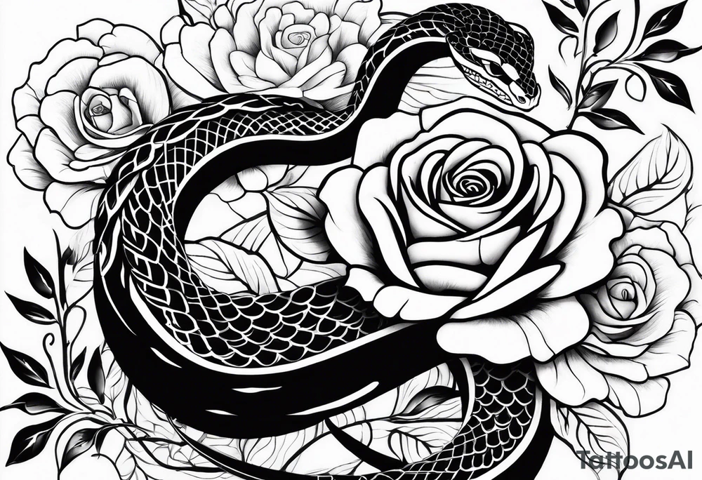 Cobra pintada de preto com rosas brancas nela mesma tattoo idea