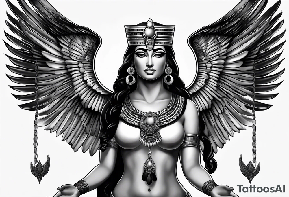 black and gray photo realistic goddess isis with minimal detail tattoo idea