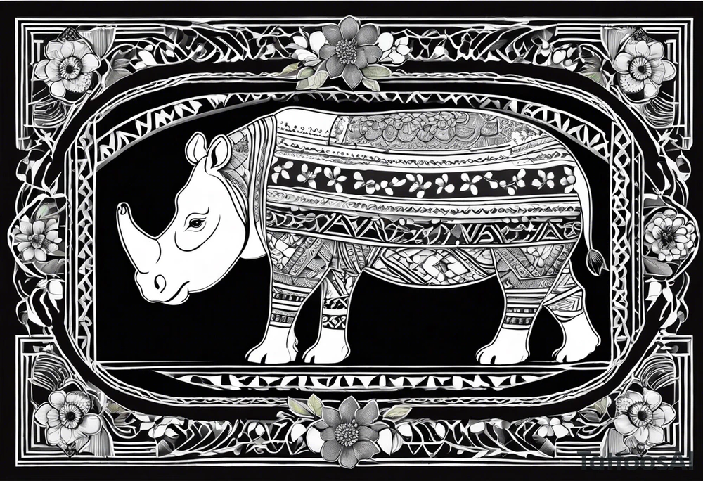 A foot long 2.5inches wide portrait orientation tattoo, containing a detailed hippo headwith tribal patterns in the middle, a full moon on the upper side, and some wintersweet flowwer on the bottom side, these three components are connected with arches, lines, little geometric patterns, the lines will ne fine and narrow tattoo idea