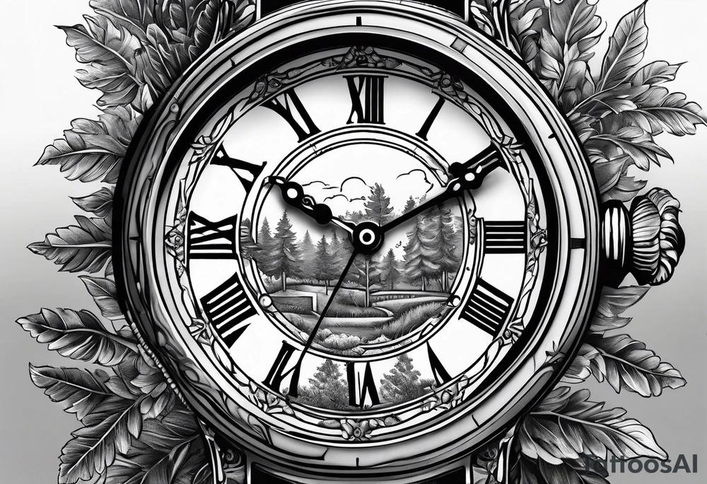 Antique watch surrounded by trees tattoo idea