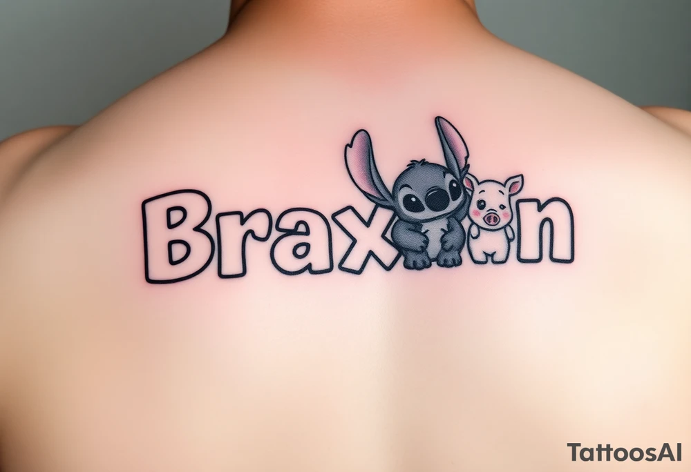 The name Braxton in small bubble letters with a animated stitch character from lilo and stitch 
The name Bentley in small bubble letters with a animated Piglet from Winnie the Pooh 
The name Cayden in small bubble letters with a Sully from monsters inc tattoo idea