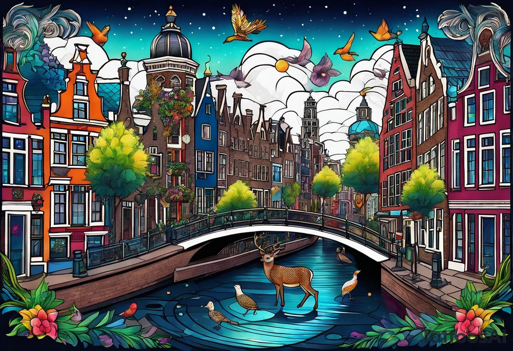 Stag deer with white tiger and birds with pineapples featuring Amsterdam buildings and canal in galaxy colours and Amsterdam buildings and canal in space featuring animals made of glass tattoo idea