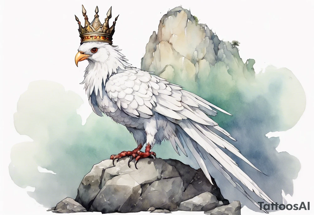 a white Cockatrice wearing a plain iron crown, perched on a stone tattoo idea