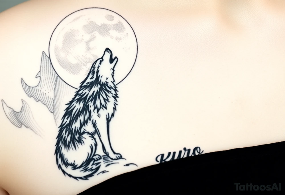 lone wolf howling at full moon with northern lights backdrop with name Kyro tattoo idea