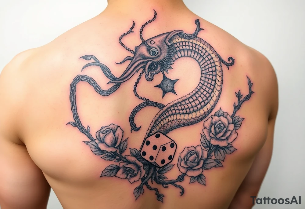 Squid and dragon combined with chains, tree roots, cherry blossoms and roses rolling dice tattoo idea
