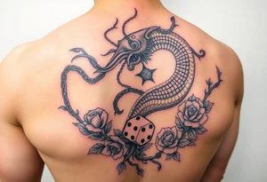 Squid and dragon combined with chains, tree roots, cherry blossoms and roses rolling dice tattoo idea