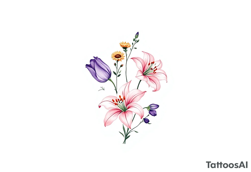 stargazer lillies in light pink with small sunflowers and peonies and purple tulip buds in a dainty wildflower bouquet with stems tattoo idea