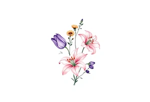 stargazer lillies in light pink with small sunflowers and peonies and purple tulip buds in a dainty wildflower bouquet with stems tattoo idea