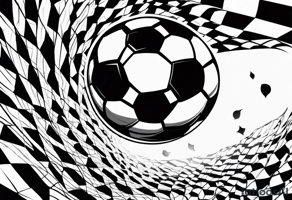 Un tatuaje en blanco y negro de un rayo estilizado que atraviesa la imagen en diagonal. Dentro del rayo, hay un balón de fútbol, manteniendo el mismo estilo de cómic con líneas gruesas y sombreados. El diseño debe conservar la misma disposición y sensación de movimiento, con el balón de fútbol ocupando el lugar central dentro del rayo. tattoo idea
