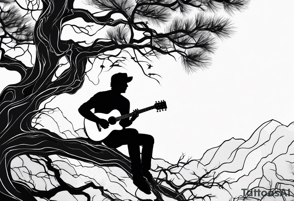 silhouette of a man sitting on a pine tree branch, playing electric guitar tattoo idea