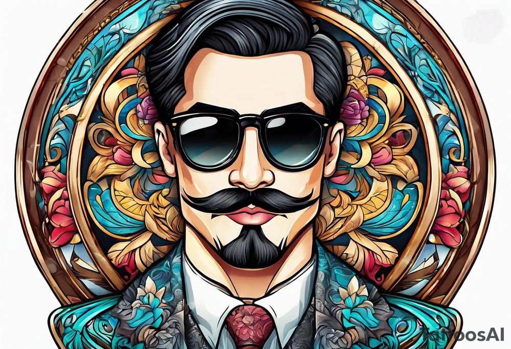Attractive Male, slim round face, 
mustache, tools, ray-bans tattoo idea