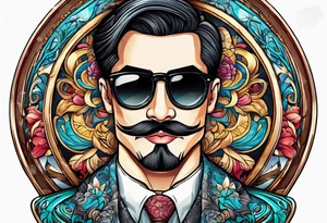Attractive Male, slim round face, 
mustache, tools, ray-bans tattoo idea