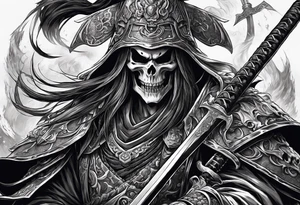 Necromancer lich raising an army of the dead from dead samurai warriors on a battlefield tattoo idea