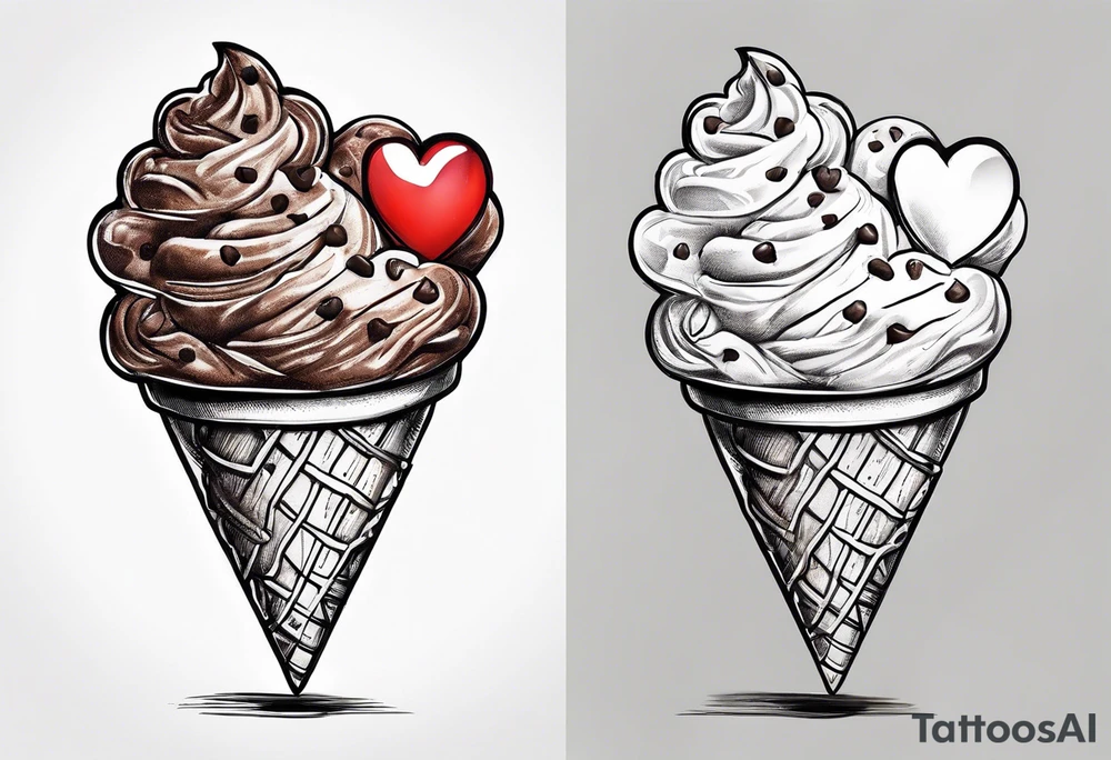 sketch chocolate chip ice cream cone with one red heart tattoo idea