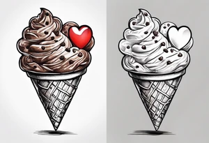 sketch chocolate chip ice cream cone with one red heart tattoo idea