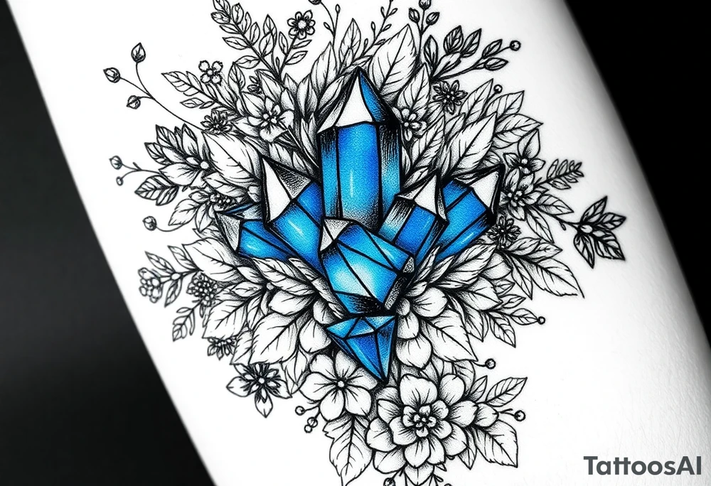 cluster of three vibrant blue crystals interwoven between foliage so that it looks like the leaves and foliage and flowers are weaving in and out and wrapping around the crystals. 

Surround these with a dense arrangement of black-and-grey foliage, flowers, and shrubs. The crystals should be faceted, standing out vividly in blue against the surrounding monochrome elements.

Integrate additional smaller crystal clusters (each with 3–4 crystals) throughout the foliage, but render these in fine black-and-grey linework so they blend naturally with the botanical elements. Use dotwork and fine shading for depth, with clean linework that balances organic foliage with the sharp geometry of the crystals.

All elements are black and grey except the main central crystal cluster, which is a striking blue. tattoo idea