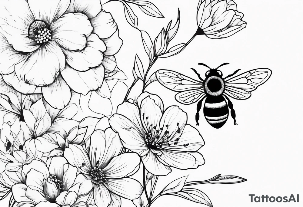 Arm wrap floral dainty with bee tattoo idea