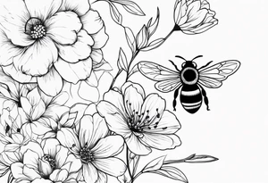 Arm wrap floral dainty with bee tattoo idea