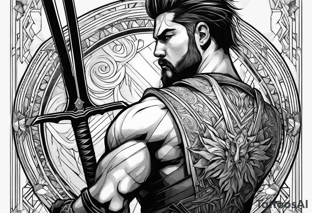 Warrior with sword back turned tattoo idea