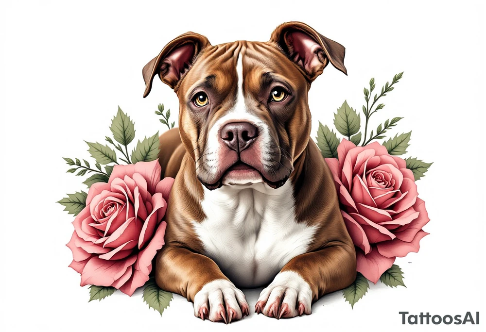 Brown and white pitbull with kind eyes, sitting calmly, surrounded by roses in muted red and soft green leaves, gentle realism. tattoo idea