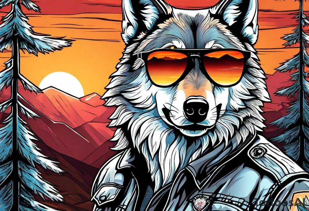 Badass wolf wearing sunglasses
Dark woods
Mountain peaks
Sunset tattoo idea