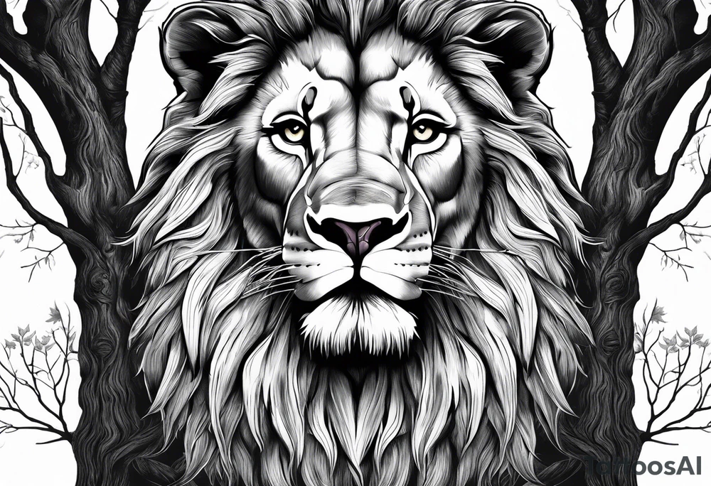 The lion of Judah, which is Jesus Christ, is tied and intertwined within a maple tree. Incorporate a cross as well tattoo idea