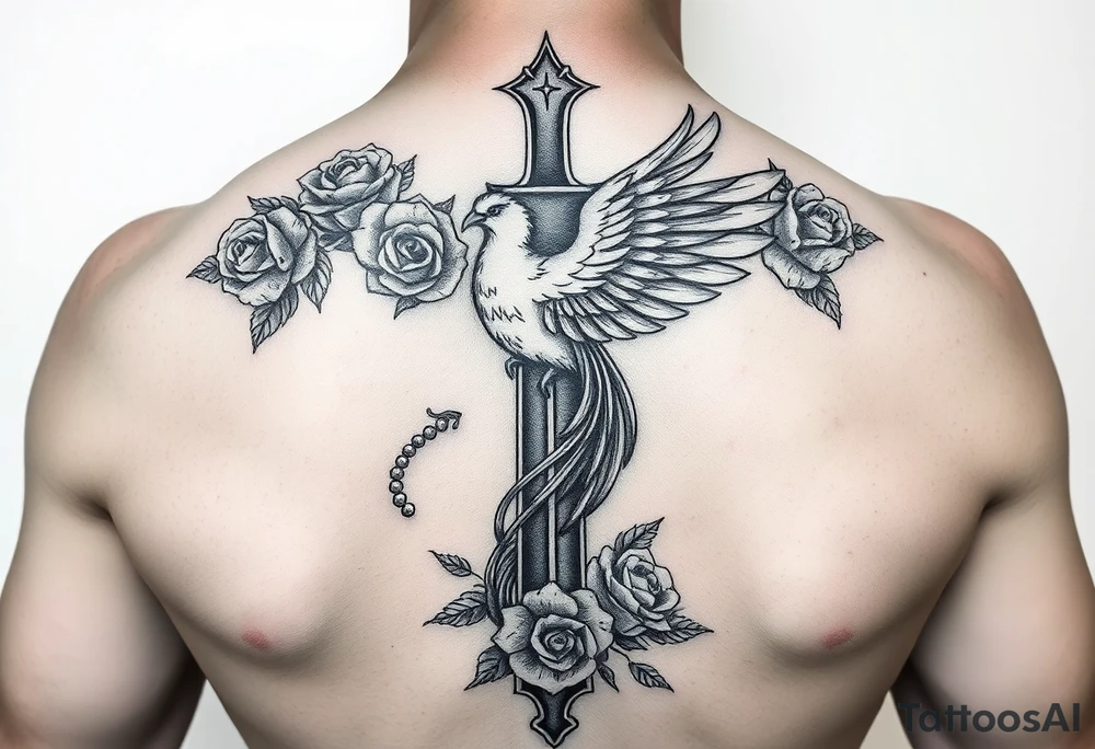Cross sword darkened in with roses pearls and a phoenix rising from the ashes feminine the phoenix is not the main attraction the cross is on tricept tattoo idea