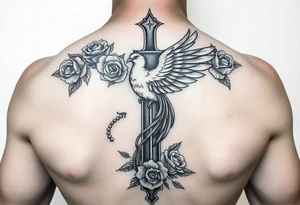 Cross sword darkened in with roses pearls and a phoenix rising from the ashes feminine the phoenix is not the main attraction the cross is on tricept tattoo idea
